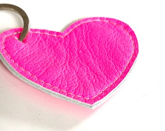 Heart M neon pink leather bag tag key ring gift tag