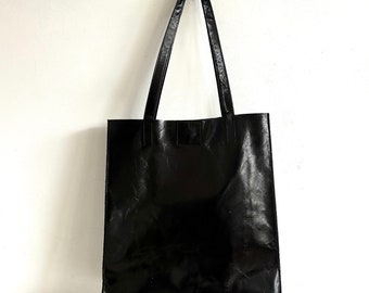 Shopper schwarz glänzend, Rindsleder , Schultertasche Ledershopper Ledertasche