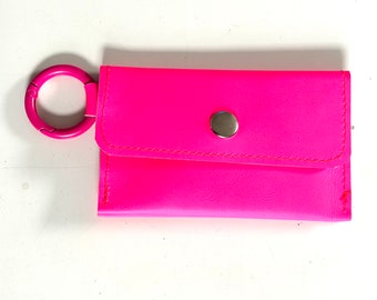 Mini wallet in neon pink with 3 compartments made of genuine leather, coin purse with ring