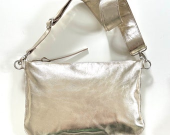 Large crossbody bag champagne gold genuine leather cowhide bum bag leather bag wide strap