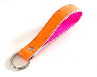 Neon orange key lanyard with pink genuine leather, 17 cm loop, key wrist strap