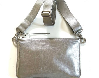 Large crossbody bag gray silver genuine leather cowhide fanny pack leather bag wide strap