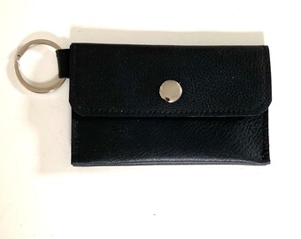 Mini wallet black with 3 compartments made of leather wallet with ring