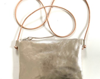Gold leather shoulder bag with leather strap for parties, festivals, weddings or holidays, adjustable length