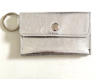 Mini wallet silver with 3 compartments made of leather, wallet with ring