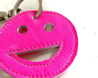 Smiling Face Leather Neon Pink Keyring Bag Charm