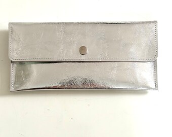 Silver leather wallet, mini clutch or wallet for party, festival, wedding or vacation