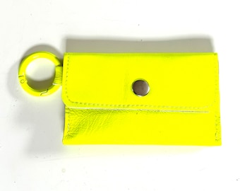 Mini wallet neon yellow with 3 compartments made of genuine leather wallet with ring card holder