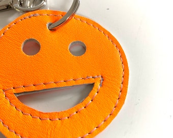 Smiling Face Leather Neon Orange Keyring Bag Charm
