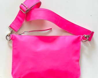 Large Crossbody Bag Neon Pink Genuine Leather Cowhide Leather Fanny Pack Leather Bag Wide Strap