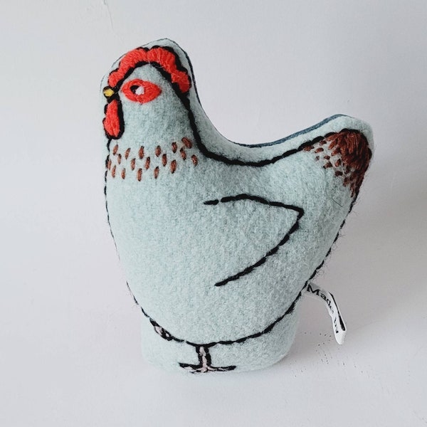 Blue Haze hen,  textile chicken, blue hen mini cushion, wool chicken, embroidered chicken, decorative fabric hen, blue haze chicken