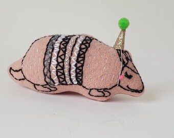 Armadillo embroidered folk art, hand embroidered armadillo decoration, textile pink armadillo,  eco friendly armadillo