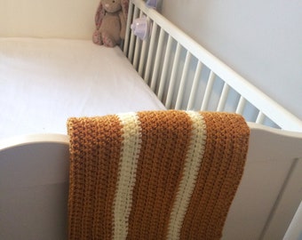 Yellow striped crochet baby blanket cotton reversable