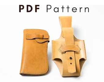 May include: Two leather patterns for a wallet and a phone case. The wallet pattern has a flap with a buckle closure. The phone case pattern has a strap and a buckle closure. Both patterns are tan in color.