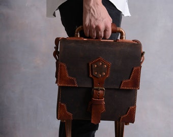Steampunk Leather Bag Handmade, Brown Leather, Copper Accessories
