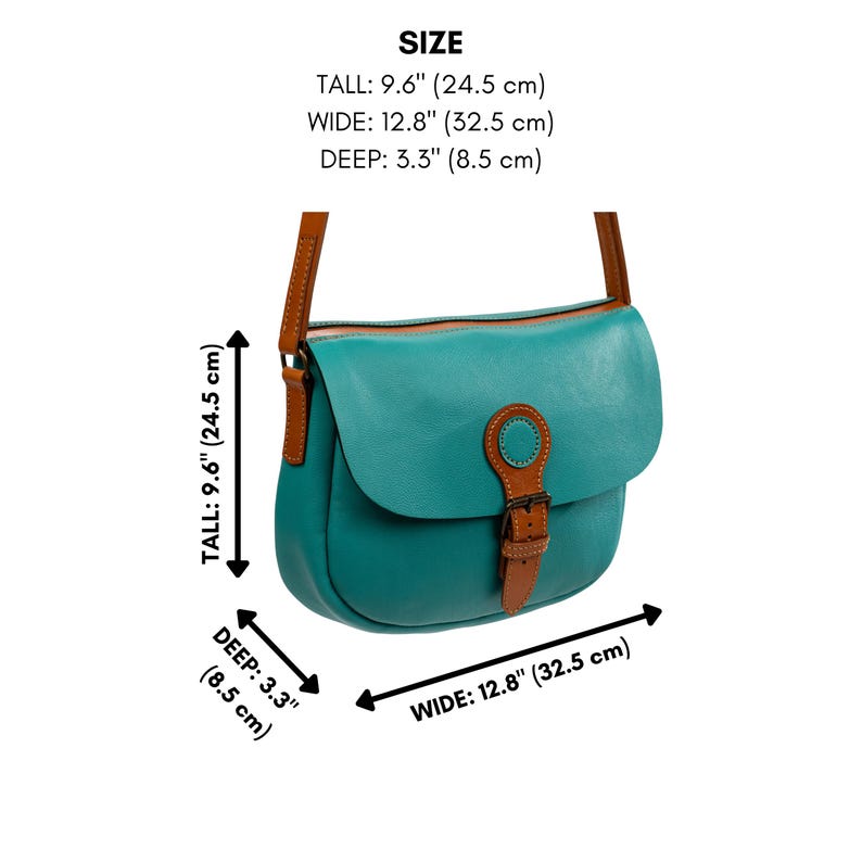 May include: Teal leather crossbody bag with brown leather accents. The bag is 9.6 inches (24.5 cm) tall, 12.8 inches (32.5 cm) wide, and 3.3 inches (8.5 cm) deep. Features a flap closure with a buckle and a brown leather strap.