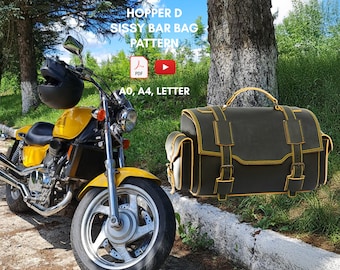 May include: A black leather sissy bar bag with yellow stitching, designed for motorcycles. The bag is attached to a yellow motorcycle with a black helmet on the handlebars. The image includes the text "HOPPER D SISSY BAR BAG PATTERN AO, A4, LETTER".