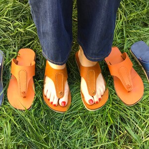 May include: A collection of leather thong sandals in various colors, including tan and blue, displayed on a bed of green grass. The sandals feature a T-strap design and are suitable for casual wear.