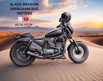 May include: A black motorcycle with a black swingarm bag, a black helmet, and a black exhaust pipe. The motorcycle is parked in a desert setting with sand dunes in the background. The image includes the text "BLACK SHADOW SWINGARM BAG PATTERN" and "AO, A4, LETTER".