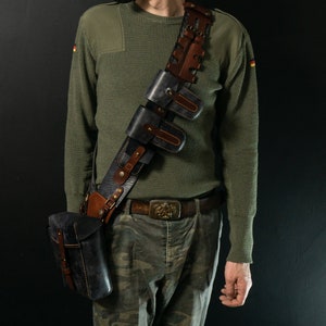 Steampunk Adventurer Leather Bandolier Chest Belt, Black, Hand Dyed, Handmade, Hand Stitched