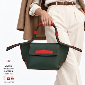 Puede incluir: Un bolso de mano verde oscuro con detalles y costuras en rojo. El bolso cuenta con un cierre de solapa con una lengüeta decorativa roja, dos asas superiores con agarres rojos y paneles laterales extendidos. Texto: V&P VIVIAN HANDBAG PATTERN LASER (DXF).