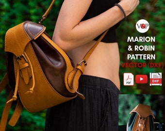 May include: A brown and tan leather backpack with a buckle closure. The backpack is being worn by a person. The image also includes a smaller version of the backpack and the text "Marion & Robin Pattern Vector (DXF)".
