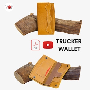 May include: A yellow leather trucker wallet with multiple pockets and stitching details. The wallet is lying on a piece of wood. The text "TRUCKER WALLET" is displayed in black letters on a white background.
