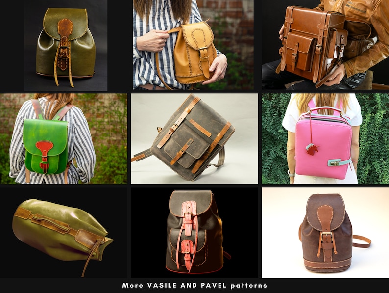 May include: A collection of nine leather backpacks in various colors and styles. The backpacks are made of high-quality leather and feature unique designs. Some of the backpacks have buckles, straps, and pockets.