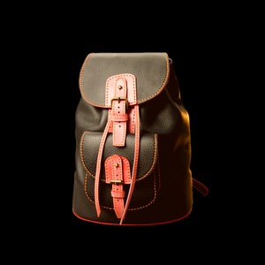 May include: A brown leather backpack with orange stitching and pink leather straps and buckles.