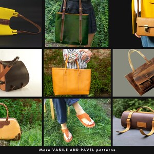 May include: Collection of handcrafted leather bags in various styles and colors. Includes a yellow shoulder bag, a green tote bag, a brown crossbody bag, a tan satchel, a brown and tan roll-up mat, and a small brown crossbody bag.