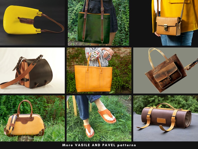 May include: Collection of handcrafted leather bags in various styles and colors. Includes a yellow shoulder bag, a green tote bag, a brown crossbody bag, a tan satchel, a brown and tan roll-up mat, and a small brown crossbody bag.