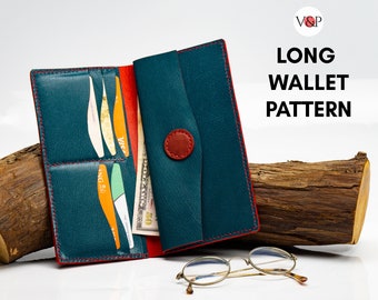 May include: A teal leather long wallet with red stitching and a red button closure. The wallet is open and has several credit cards and cash inside. The wallet is sitting on a wooden log with a pair of glasses next to it. The text "LONG WALLET PATTERN" is written in white on a red and white circle.