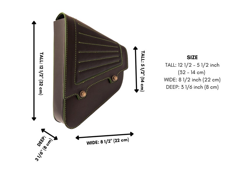 May include: A brown leather bag with green stitching and a flap closure. The bag measures 12 1/2 inches tall, 8 1/2 inches wide, and 3 1/6 inches deep.