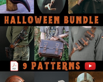 May include: A Halloween bundle featuring nine patterns. The image showcases various leather masks, a leather satchel, and other accessories. The text "HALLOWEEN BUNDLE" and "9 PATTERNS" are displayed in orange.