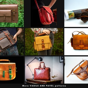 May include: A collection of nine leather bags in various colors and styles, including brown, red, yellow, and tan. The bags have different shapes and sizes, with some featuring buckles and straps. The text "More VASILE AND PAVEL patterns" is visible at the bottom of the image.