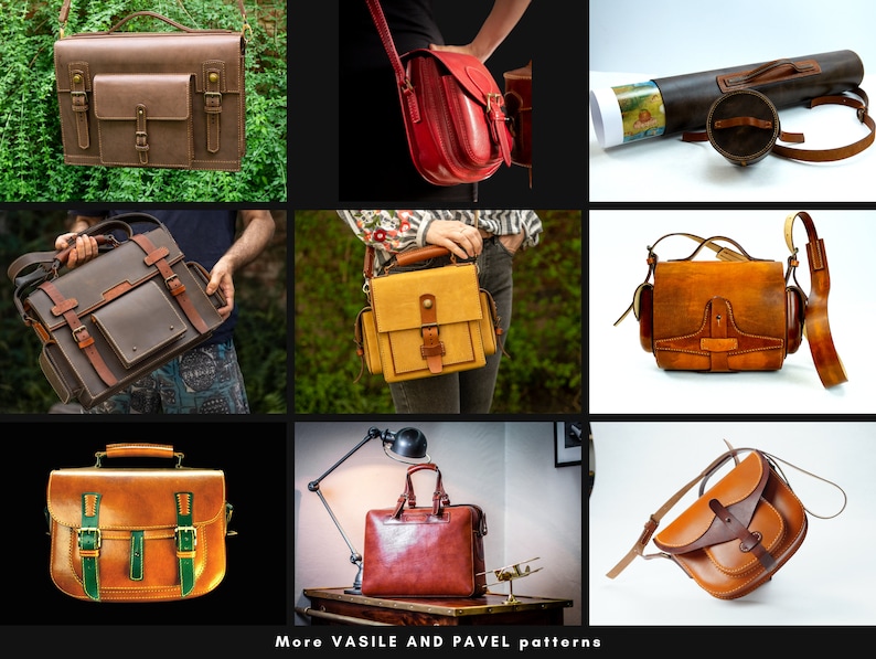 May include: A collection of nine leather bags in various colors and styles, including brown, red, yellow, and tan. The bags have different shapes and sizes, with some featuring buckles and straps. The text "More VASILE AND PAVEL patterns" is visible at the bottom of the image.