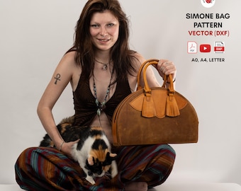 May include: A brown leather handbag with a rounded shape and two handles. The bag has a light brown accent on the top and decorative tassels. The text "SIMONE BAG PATTERN VECTOR (DXF)" is visible.