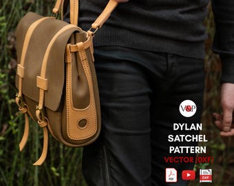 Könnte beinhalten: Eine braune Ledertasche mit einem beigefarbenen Lederklappen und einem Trageriemen. Die Tasche hat einen Schnallenverschluss und wird von einer Person getragen. Das Bild enthält den Text "V&P Dylan Satchel Pattern Vector DXF PDF DXF AO, A4 Letter".