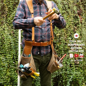 May include: A brown leather tool belt with suspenders, featuring multiple pockets filled with tools. The belt is worn over a plaid shirt and green pants. The image includes text that reads "TOOL BELT SUSPENDERS PATTERN VECTOR (DXF)".
