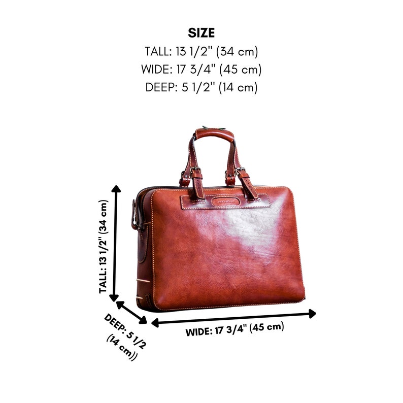 May include: A brown leather briefcase with a top handle and a buckle closure. The briefcase measures 34 cm tall, 45 cm wide, and 14 cm deep.