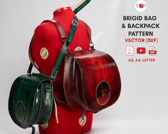May include: Two leather bags, one green and one red-brown, are displayed on a red mannequin. The bags have rounded shapes with straps and buckles. The image includes text that reads "BRIGID BAG & BACKPACK PATTERN VECTOR (DXF)".