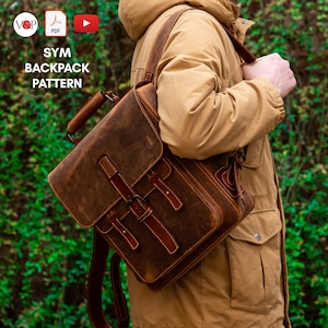 Może przedstawiać: Brązowy skórzany plecak z klapą i klamrami. Plecak ma postarzony wygląd i jest noszony przez osobę w brązowej kurtce.