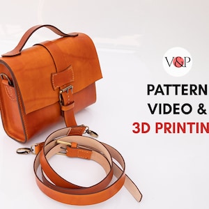 May include: A brown leather satchel bag with a buckle closure and a long adjustable strap. The bag is on a white surface. The text "PATTERN VIDEO & 3D PRINTING" is visible in the image.