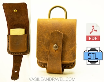 May include: A brown leather lighter case with a brass snap closure and a loop for attaching to a belt or keychain. The case is open to reveal a brass lighter inside.