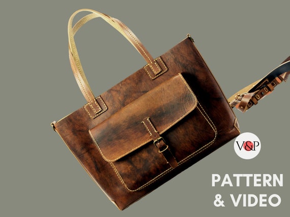 Olivia Tote Pattern, Leather Shopping Bag with Front Pocket,  PDF Pattern & Video Instructions by Vasile and Pavel