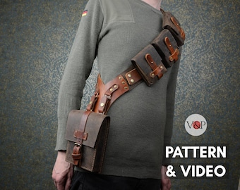 Steampunk Bandolier Pattern, DIY Leather, Leather Harness, Cosplay Chest Belt, PDF Pattern and Instructional Video by Vasile and Pavel