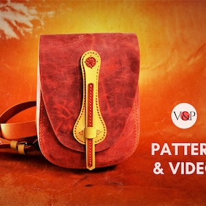 May include: A red leather crossbody bag with a yellow flap and a red and yellow strap. The bag has a decorative stitching detail and a metal buckle. The bag is on a red and orange background with the text "PATTERN & VIDEO" and "V&P" in white.