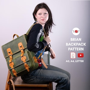 May include: A green leather backpack with brown leather straps and buckles. The backpack is being worn by a person. The text "BRIAN BACKPACK PATTERN" is visible in the image. The text "A0, A4, LETTER" is also visible in the image.