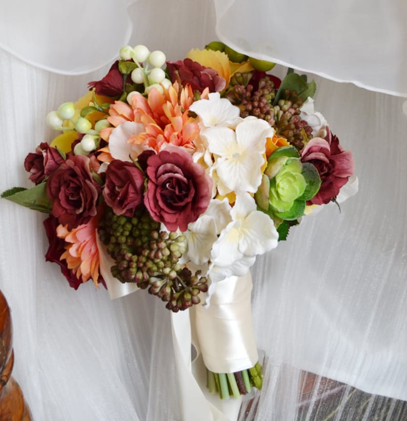 artificia flower wedding bridal bouquet yellow orange vintage rose hydrangea etc scculent