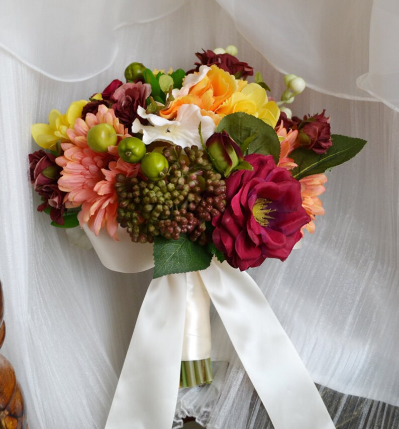 artificia flower wedding bridal bouquet yellow orange vintage rose hydrangea etc scculent